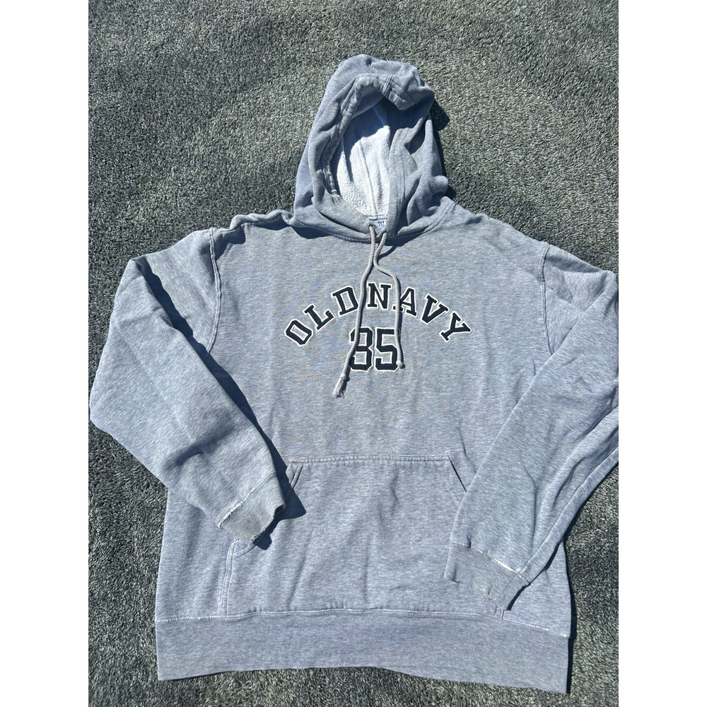 Vintage Old Navy Hoodie Mens M Gray 35 Varsity Spellout Distressed Sweatshirt